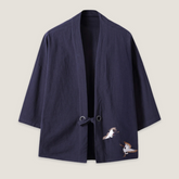 Veste kimono japonais brodée bleu marine en lin