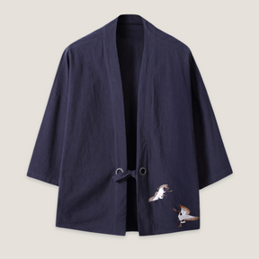 Veste kimono japonais brodée bleu marine en lin