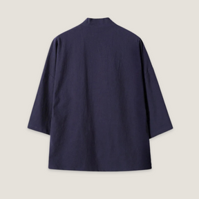 Veste kimono japonais brodée bleu marine en lin