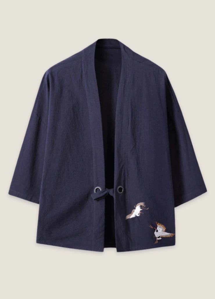 Navy blue embroidered Japanese kimono jacket in linen