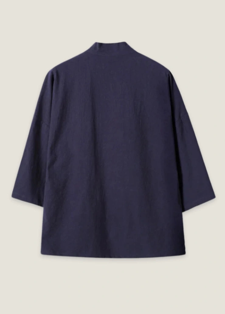 Navy blue embroidered Japanese kimono jacket in linen