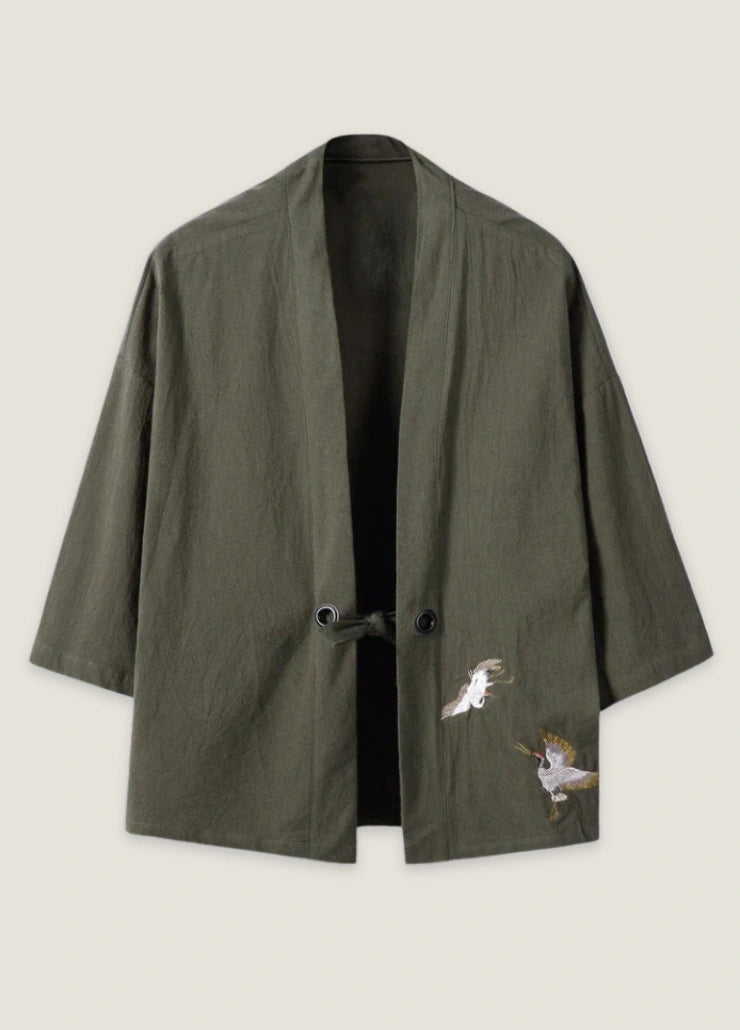 Veste kimono en lin khaki homme | Kibashi