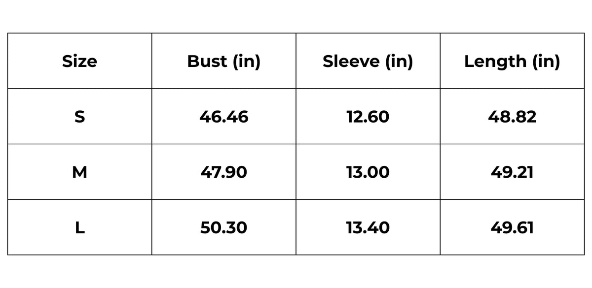 Tableau des tailles (inch) – kimono long vert femme | Suiren