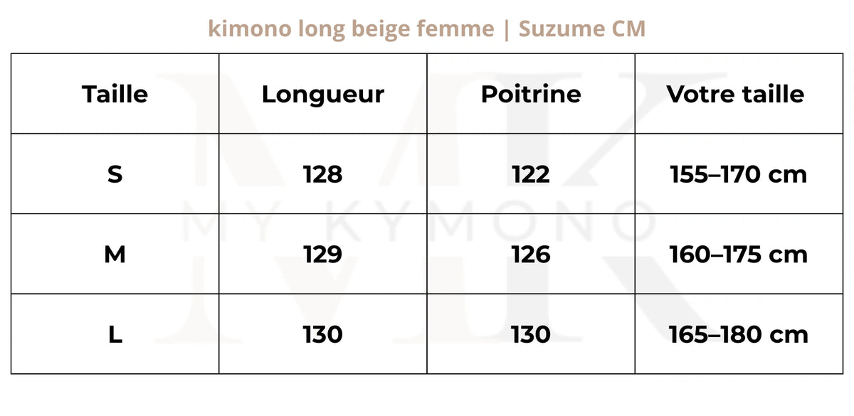 Tableau des tailles (cm) – kimono long beige femme | Suzume