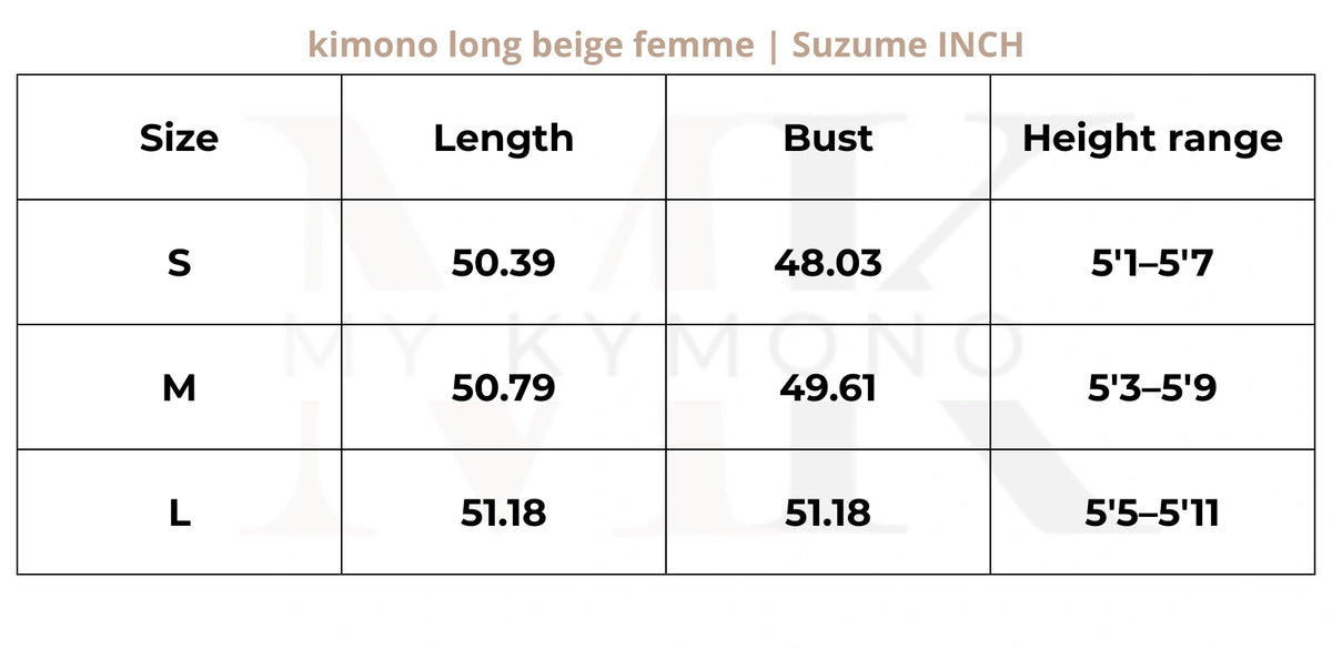 Tableau des tailles (inch) – kimono long beige femme | Suzume