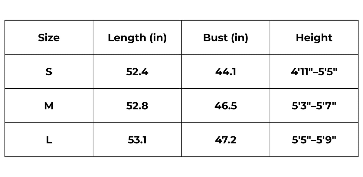 Tableau des tailles (inch) – kimono long noir femme | Karin