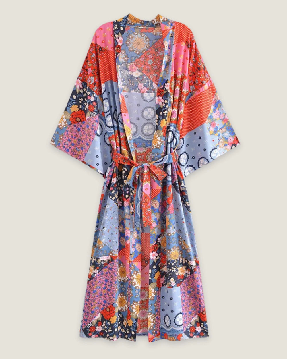 kimono long patchwork bleu femme | Kazura