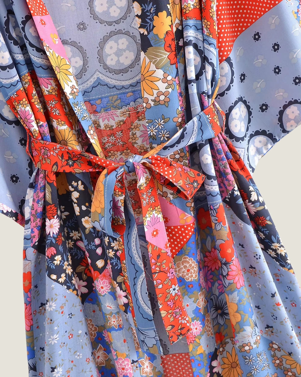 kimono long patchwork bleu femme | Kazura