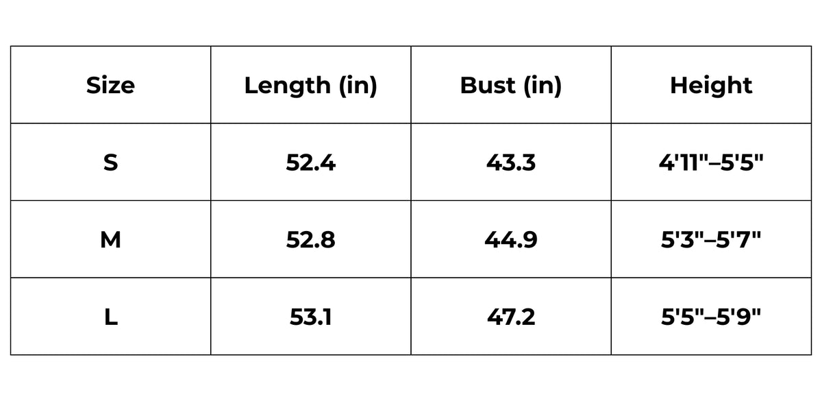 Tableau des tailles (inch) – kimono long turquoise femme | Aoiha