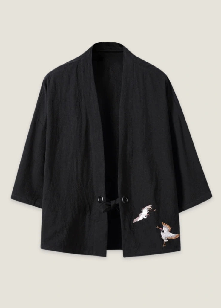 Black embroidered Japanese linen kimono jacket